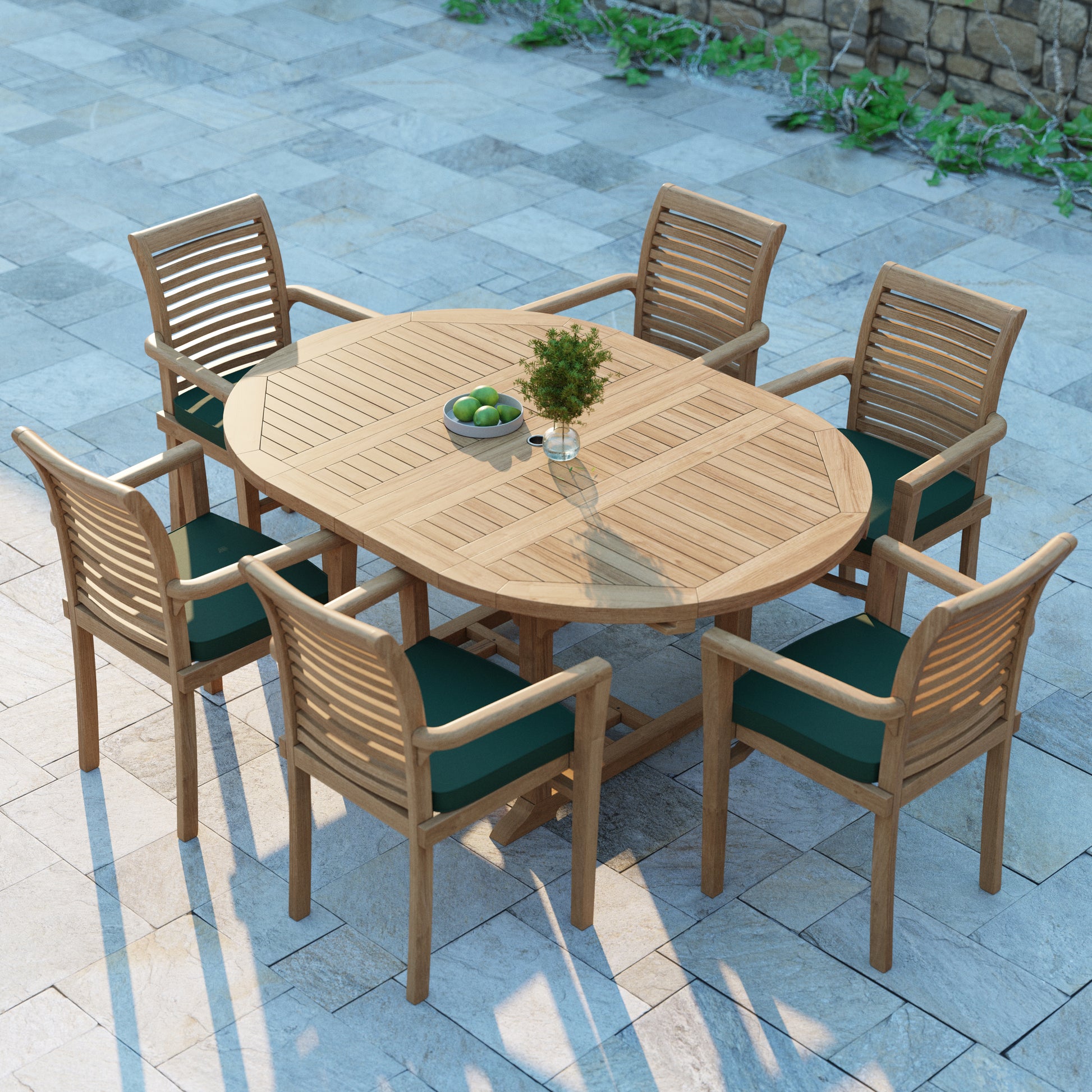 Seville Teak Round to Oval 120-170cm Extending Table, 4cm Top (6 Oxford Stacking Chairs) cushions included.