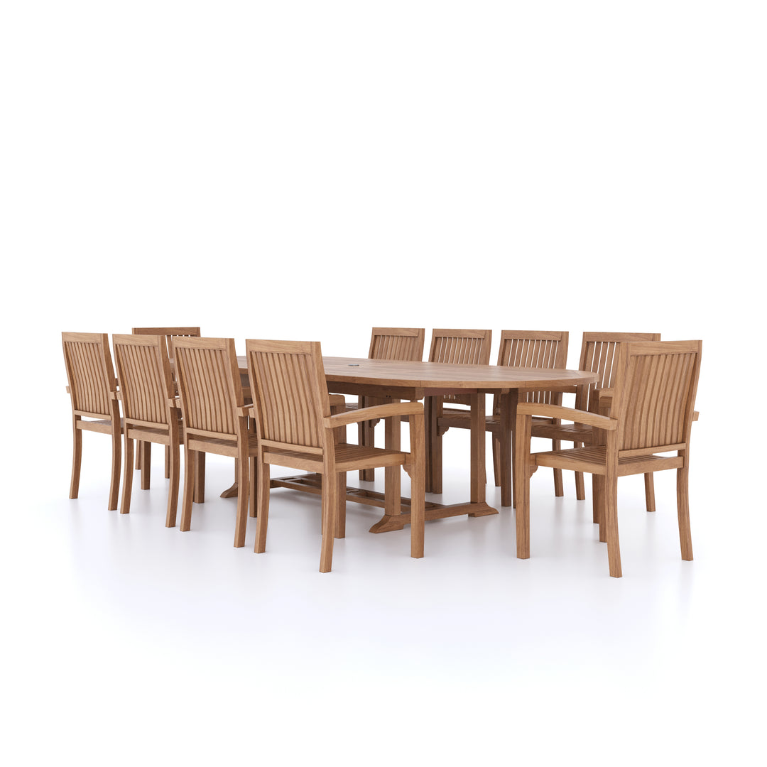 This is Eterna Homes sustainable teak garden furniture outdoor dining set consisting of our 2-3m teak dining table, teak chairs and cushions. All of our teak wood is suitable for outdoor dining. 