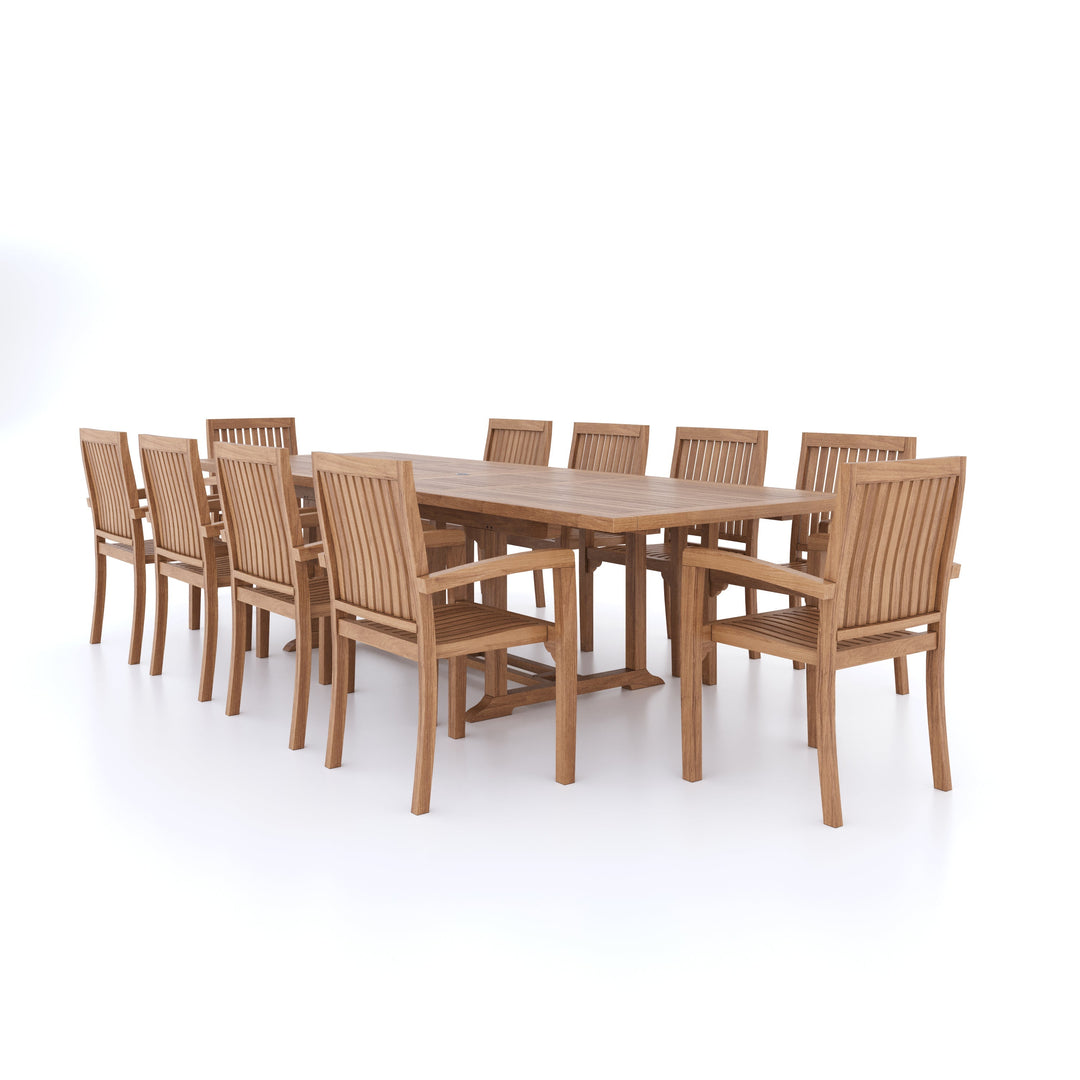 This is Eterna Homes sustainable teak garden furniture outdoor dining set consisting of our 2-3m teak dining table, teak chairs and cushions. All of our teak wood is suitable for outdoor dining. 