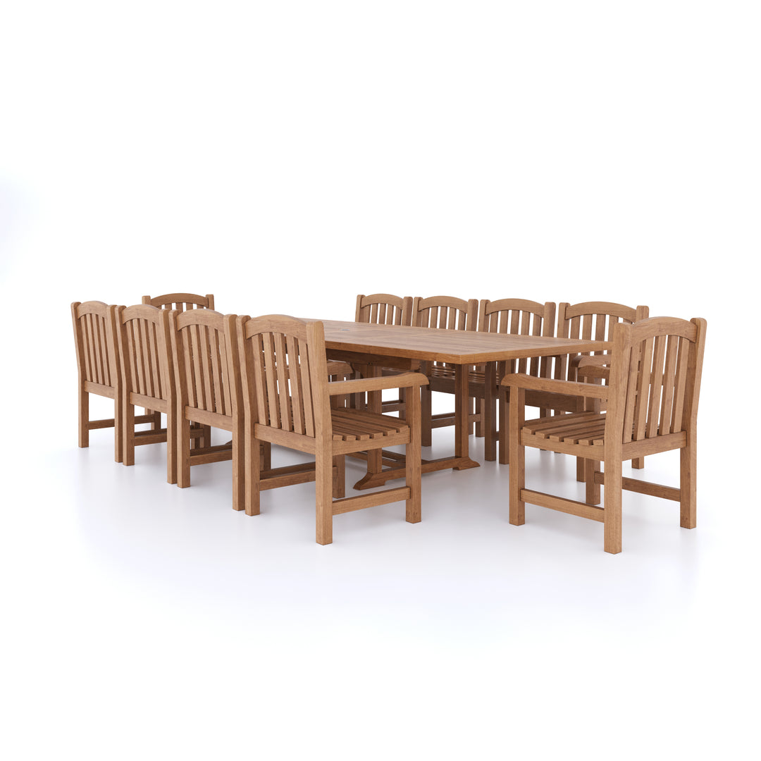 This is Eterna Homes sustainable teak garden furniture outdoor dining set consisting of our 2-3m teak dining table, teak chairs and cushions. All of our teak wood is suitable for outdoor dining. 