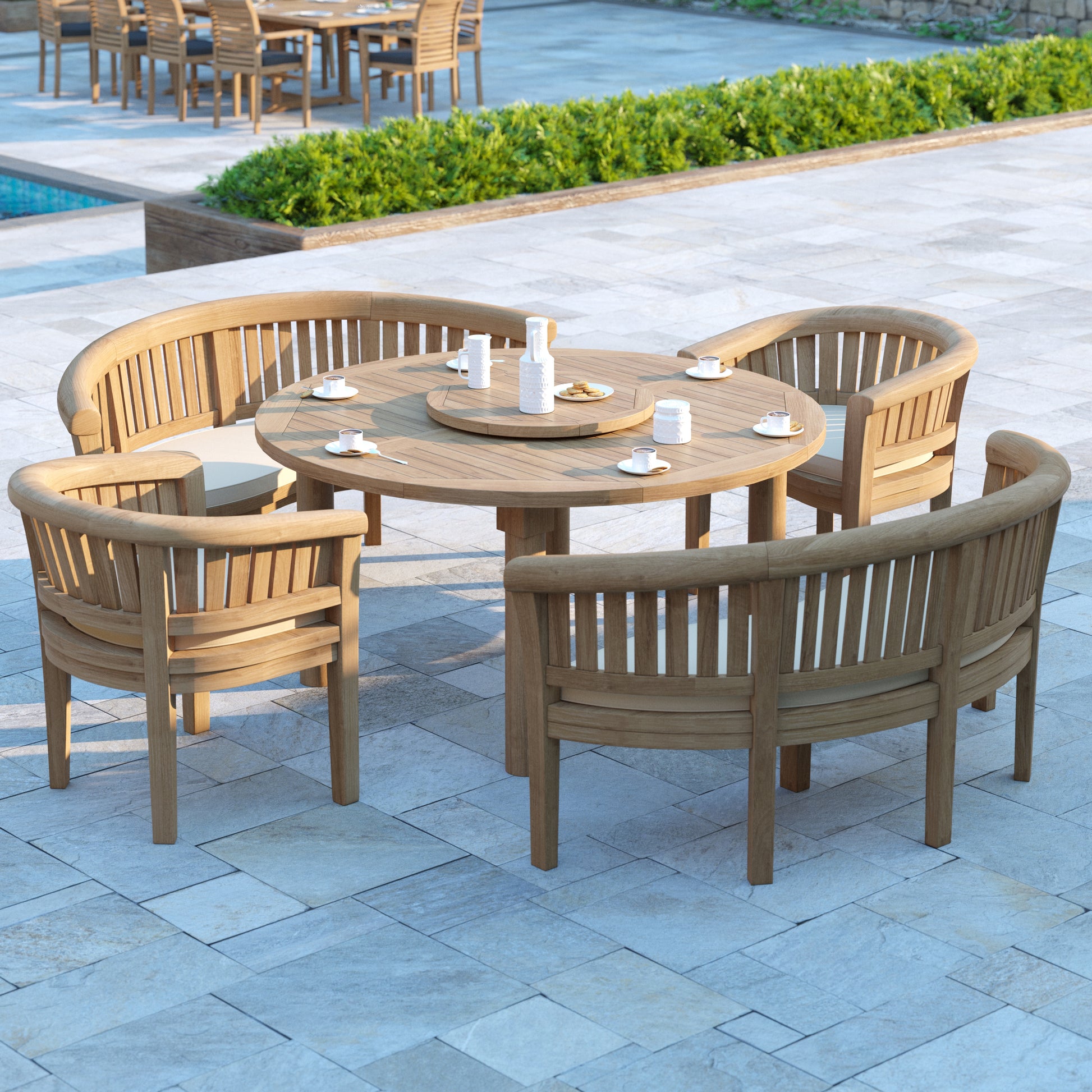 Bercial Set 150cm Maximus Round Teak Table 4cm Table Top (2 San Francisco Benches, 2 San Francisco Chairs) Cushions included.