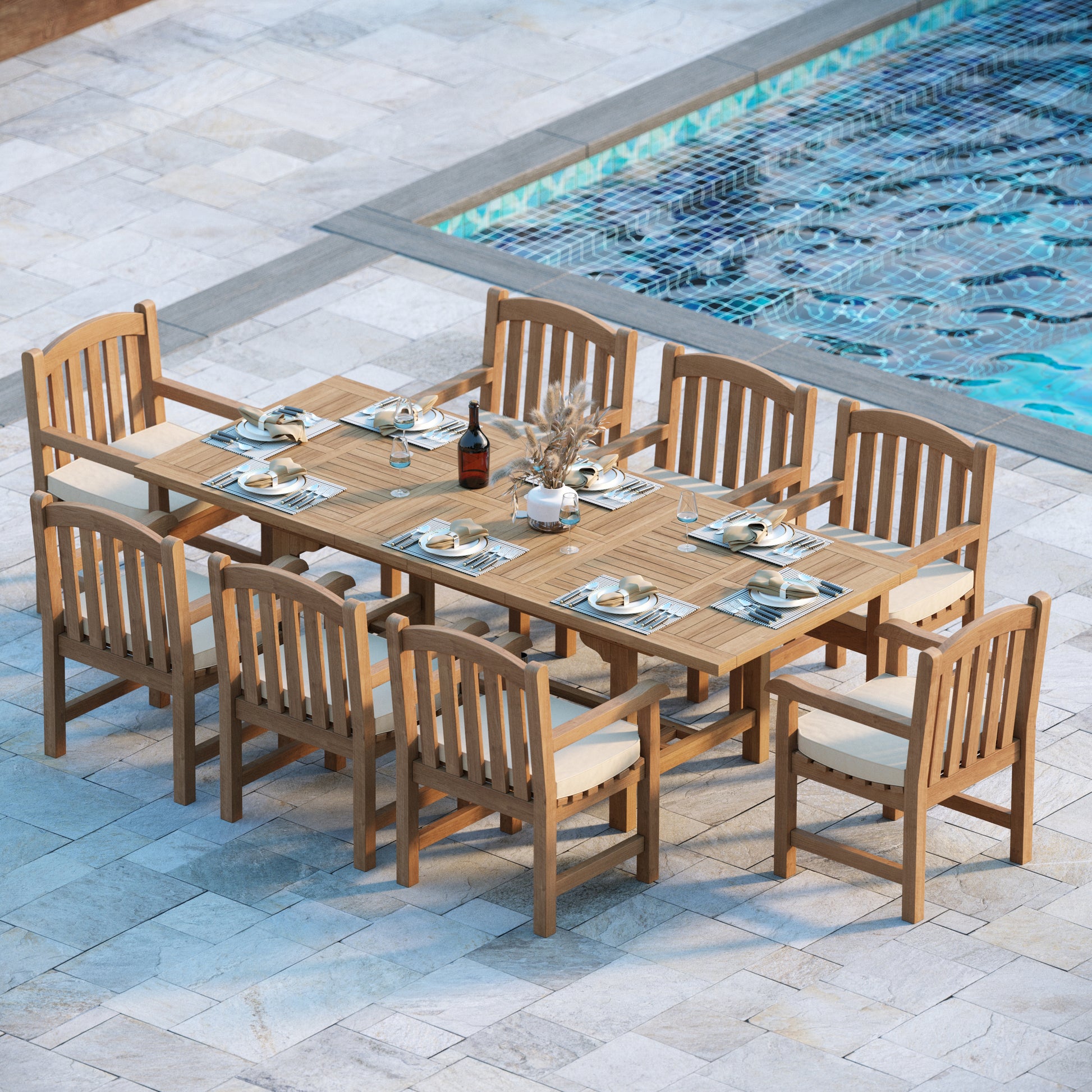 Oslo Teak 180-240cm Rectangle Extending Table 4cm Top (with 8 Warwick Chairs) Cushions included.