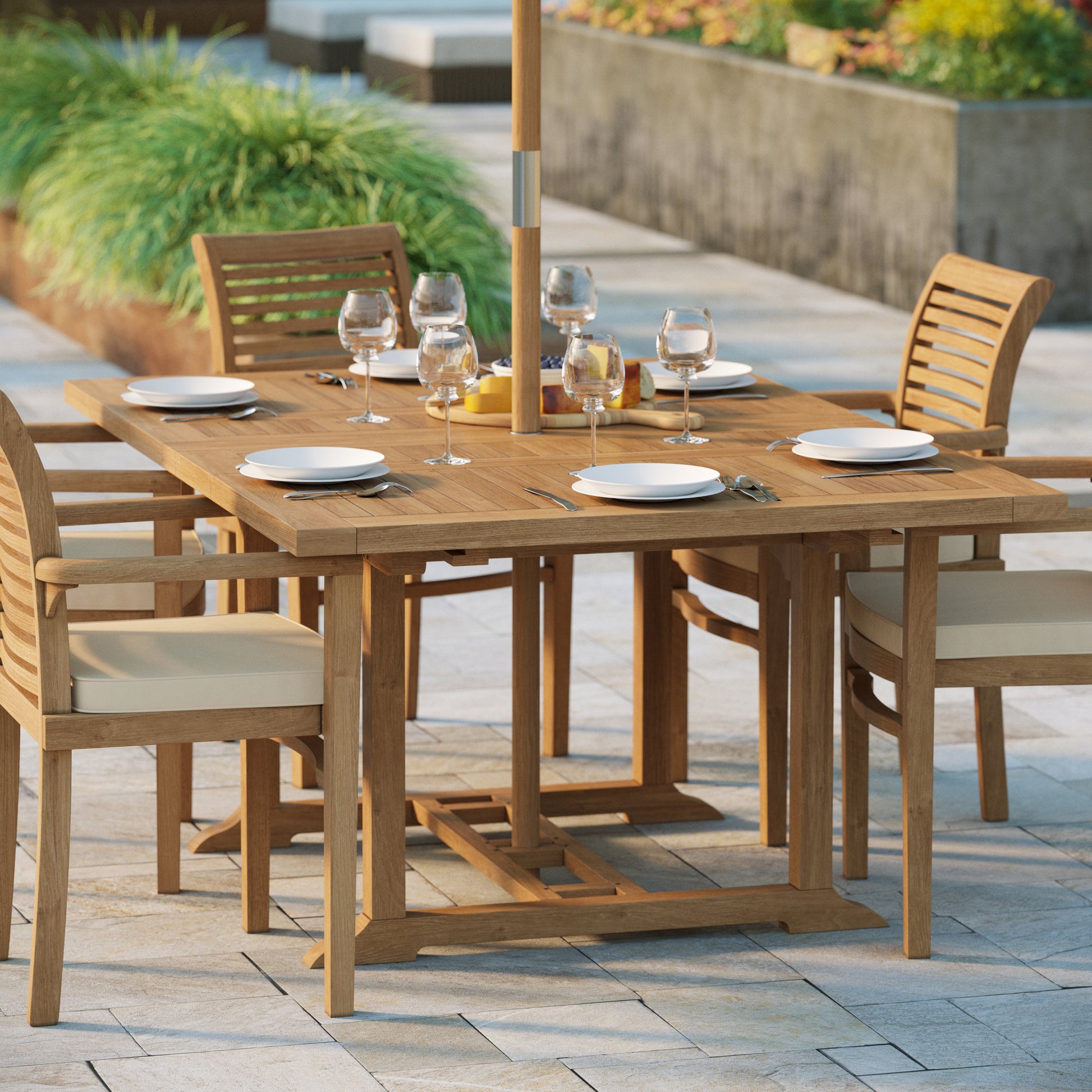 Porto Teak Square to Rectangle 120-170cm Extending Table 4cm Top (6 Oxford Stacking Chairs) Cushions included.