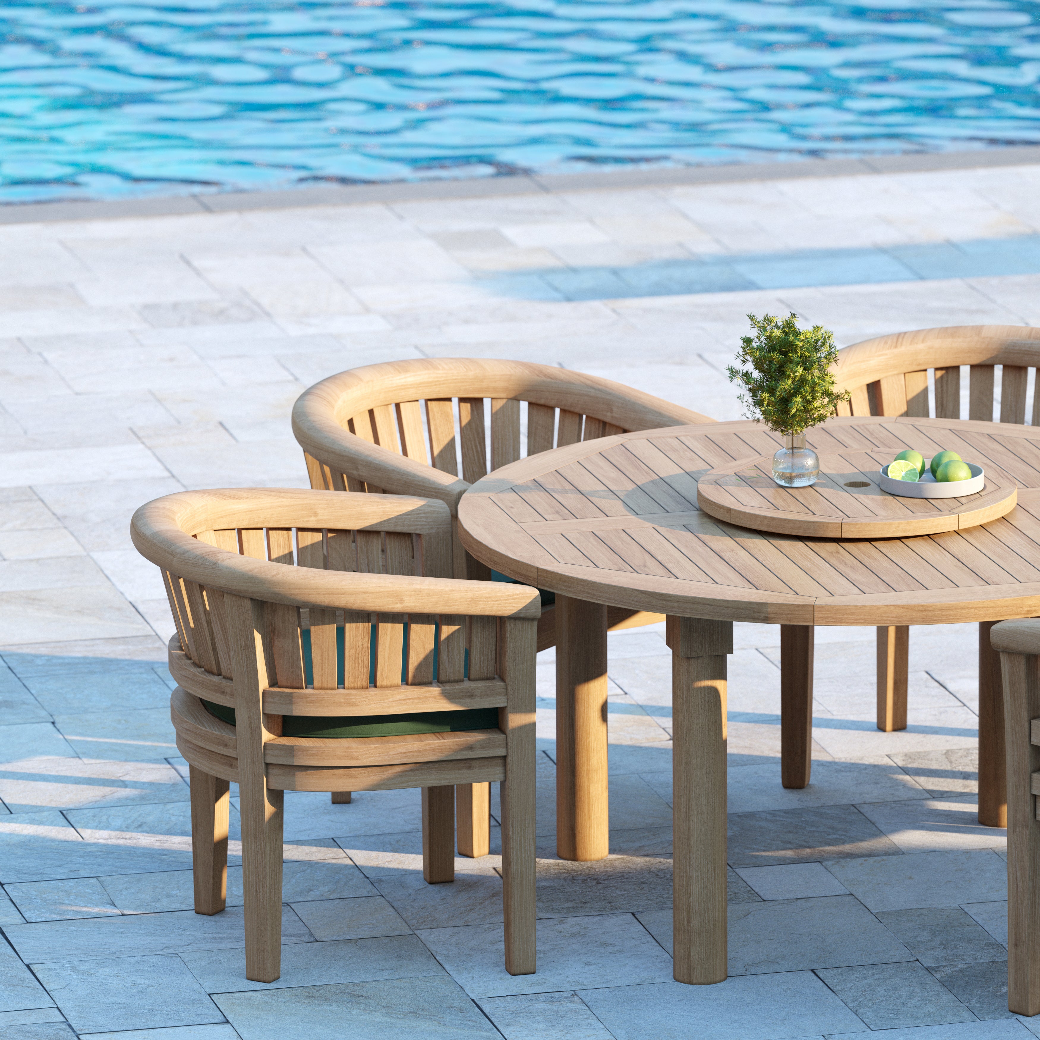 Teak 150cm Maximus Round Table Table, 4cm Top with 6 San Francisco Chairs  Cushions included.
