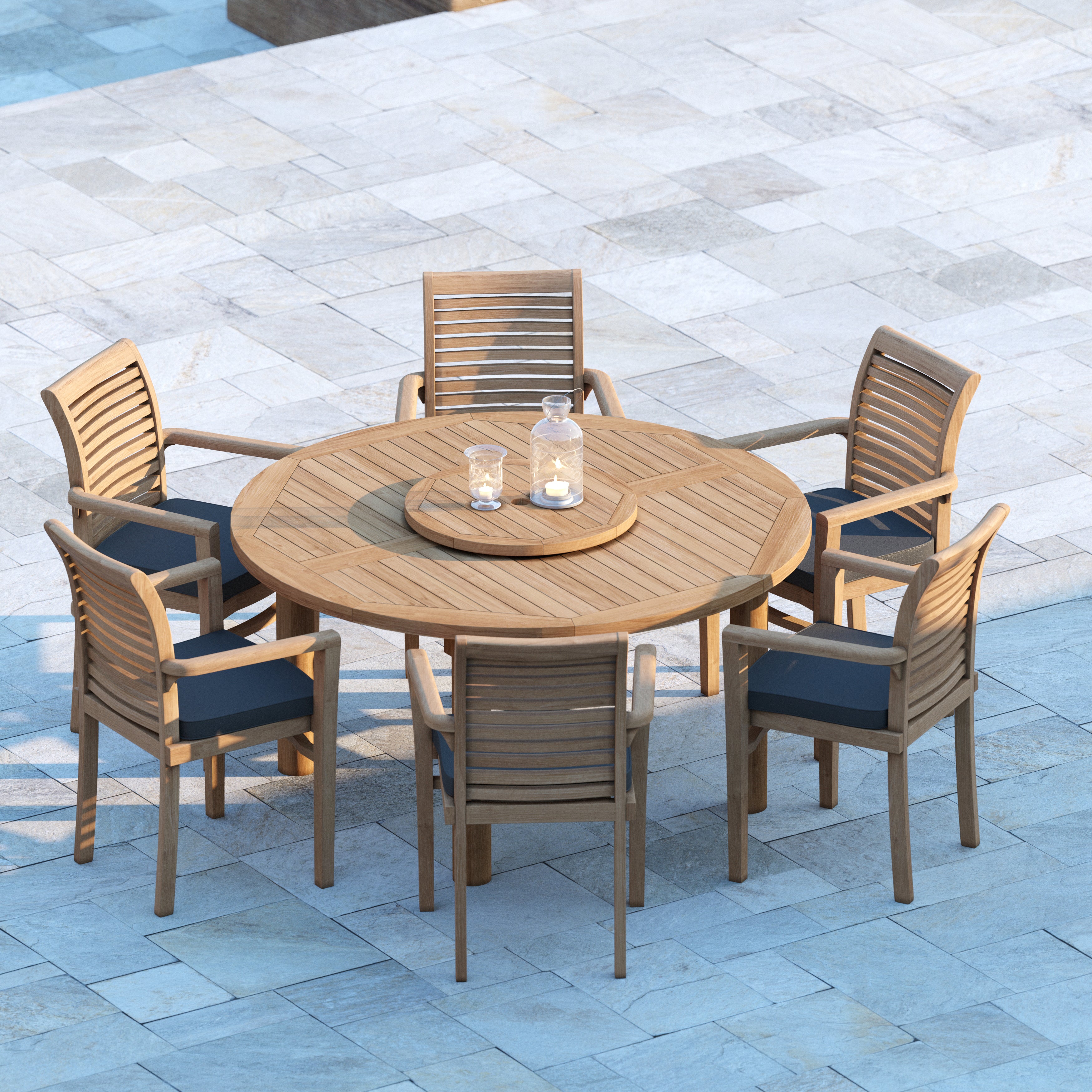 Venlo 150cm colossus round stacking teak set with 6 stacking chairs and cushions