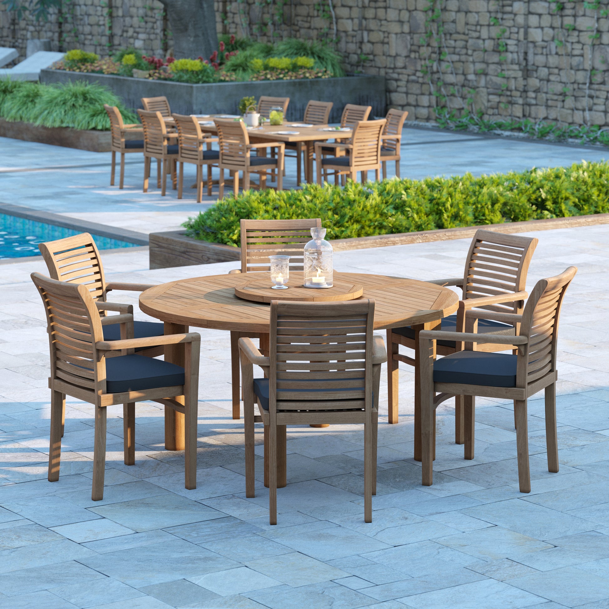 Venlo Teak Set 150cm Maximus Round Table 4cm Top (6 Oxford Stacking Chairs) Cushions included.