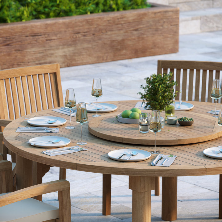 Naples Teak Set 180cm Maximus Round Table 4cm Top (8 Henley Stacking Chairs) Cushions included.