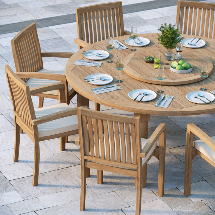Naples Teak Set 180cm Maximus Round Table 4cm Top (8 Henley Stacking Chairs) Cushions included.