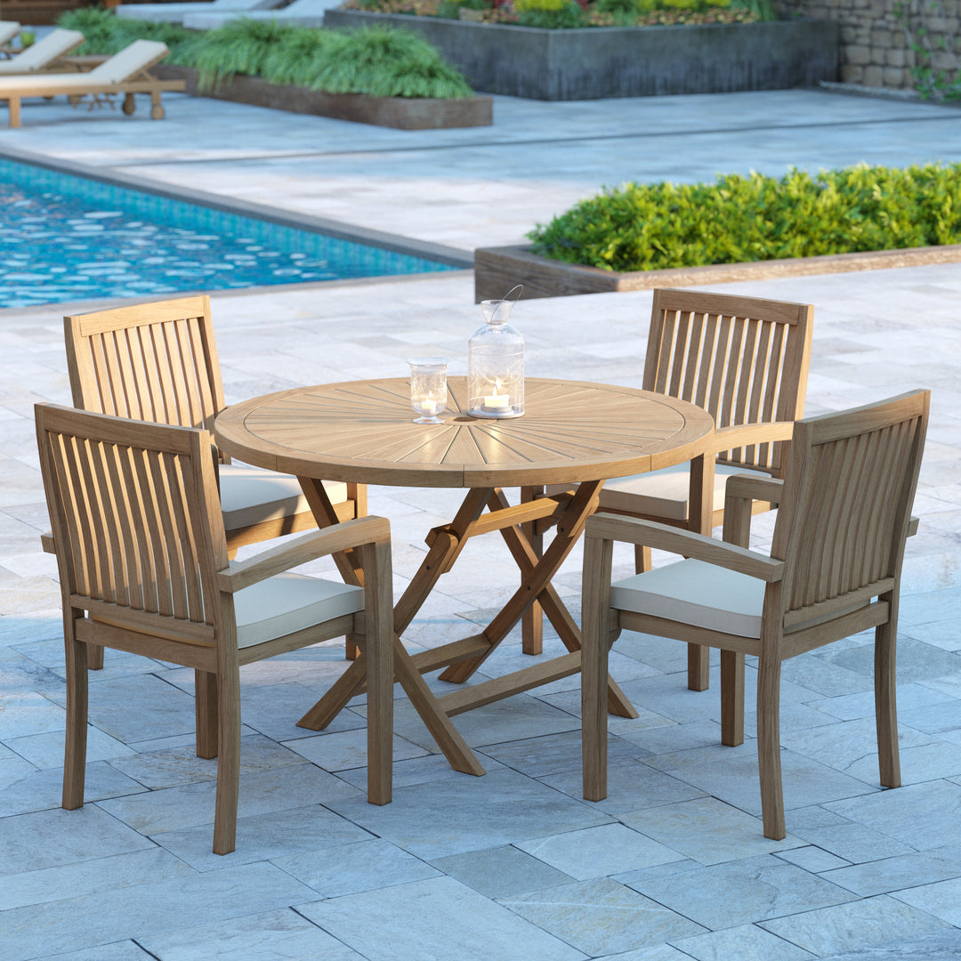 Munich Teak Garden Furniture Set 120cm Sunshine Round Folding Table, 4cm Top (4 Henley Stacking Chairs) Cushions included.