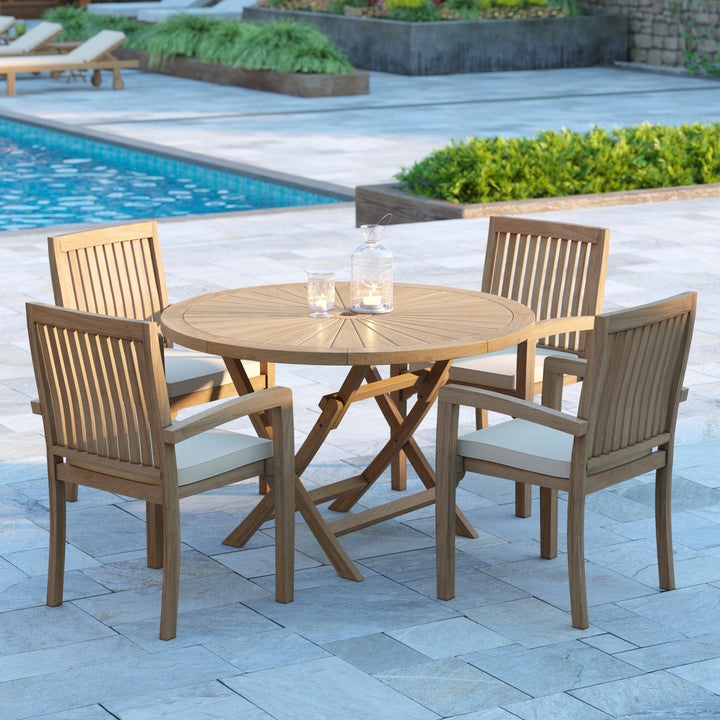 Munich Teak Garden Furniture Set 120cm Sunshine Round Folding Table, 4cm Top (4 Henley Stacking Chairs) Cushions included.