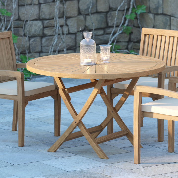 Munich Teak Garden Furniture Set 120cm Sunshine Round Folding Table, 4cm Top (4 Henley Stacking Chairs) Cushions included.