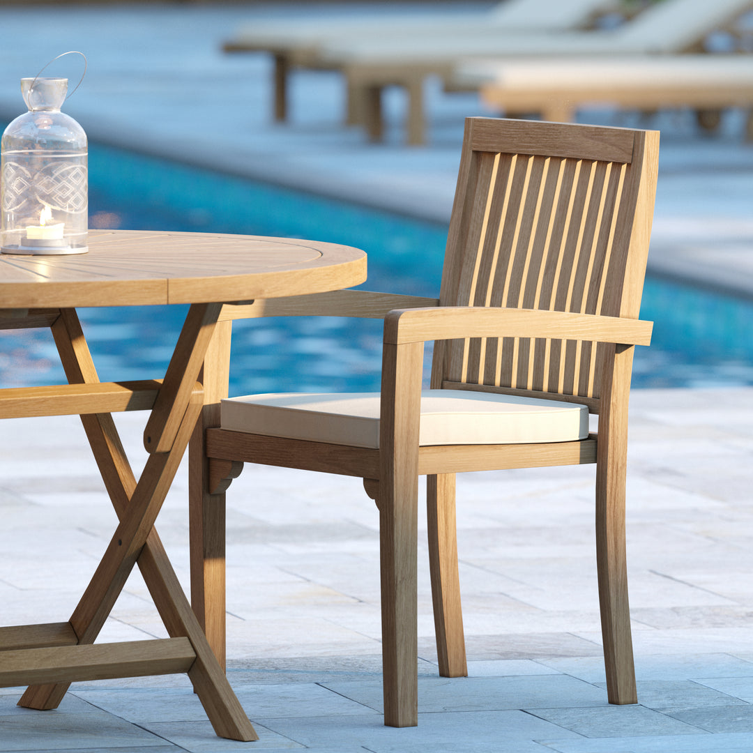 Munich Teak Garden Furniture Set 120cm Sunshine Round Folding Table, 4cm Top (4 Henley Stacking Chairs) Cushions included.