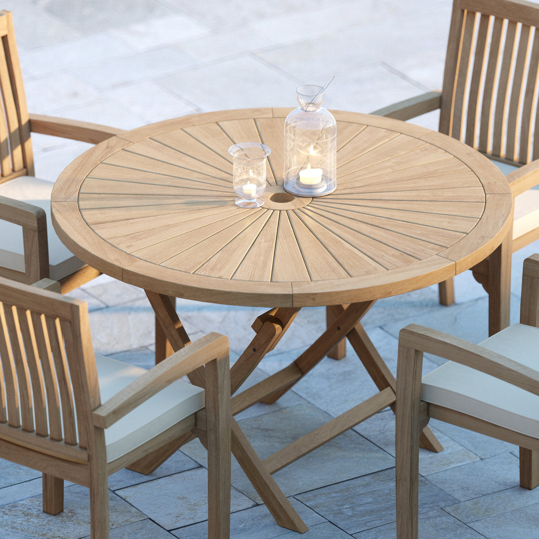 Munich Teak Garden Furniture Set 120cm Sunshine Round Folding Table, 4cm Top (4 Henley Stacking Chairs) Cushions included.