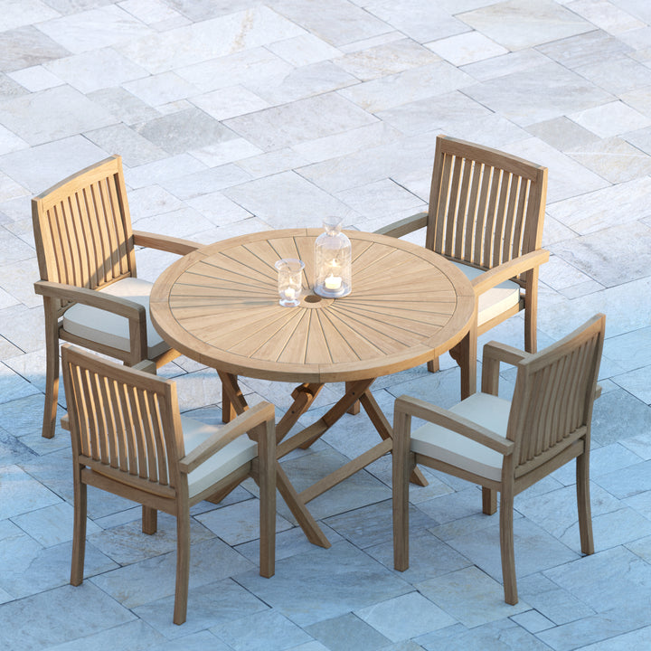 Munich Teak Garden Furniture Set 120cm Sunshine Round Folding Table, 4cm Top (4 Henley Stacking Chairs) Cushions included.