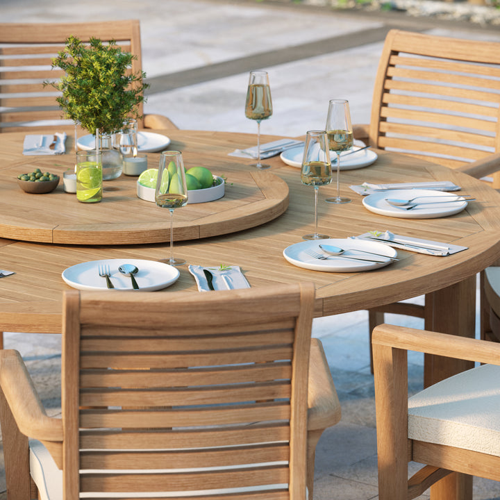 Verona Teak Set 180cm Maximus Round Table 4cm Top (8 Oxford Stacking Chairs) Cushions included.