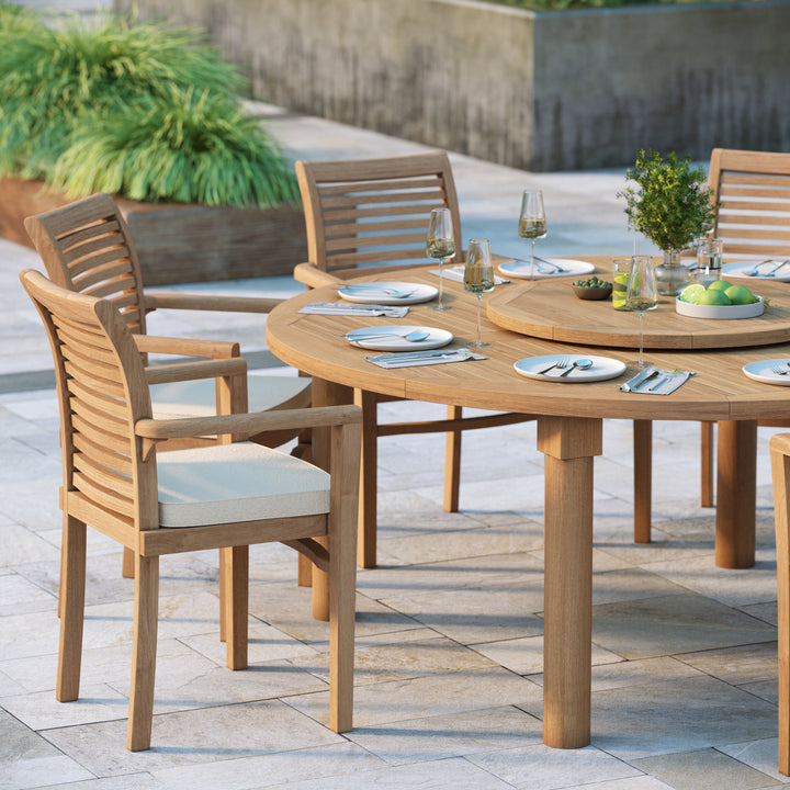 Verona Teak Set 180cm Maximus Round Table 4cm Top (8 Oxford Stacking Chairs) Cushions included.