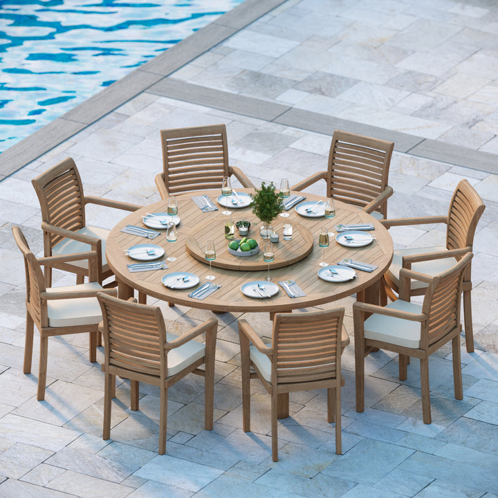 Verona Teak Set 180cm Maximus Round Table 4cm Top (8 Oxford Stacking Chairs) Cushions included.