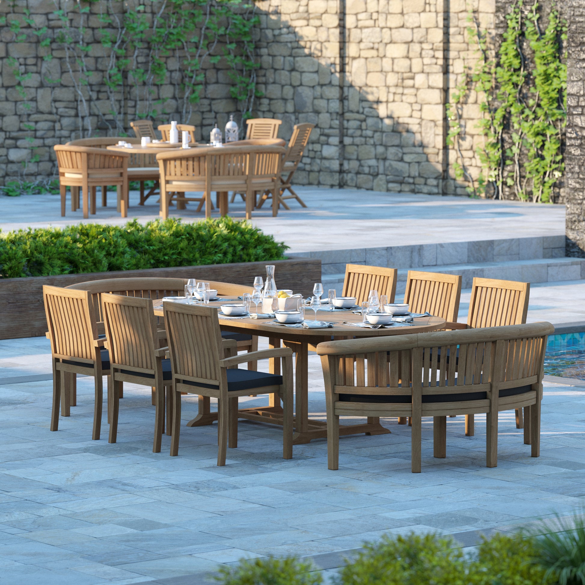 Genoa Teak 180-240cm Oval Extending Table 4cm Top with 6 Henley Stacking Chairs, 2 San Francisco Benches Cushions included.