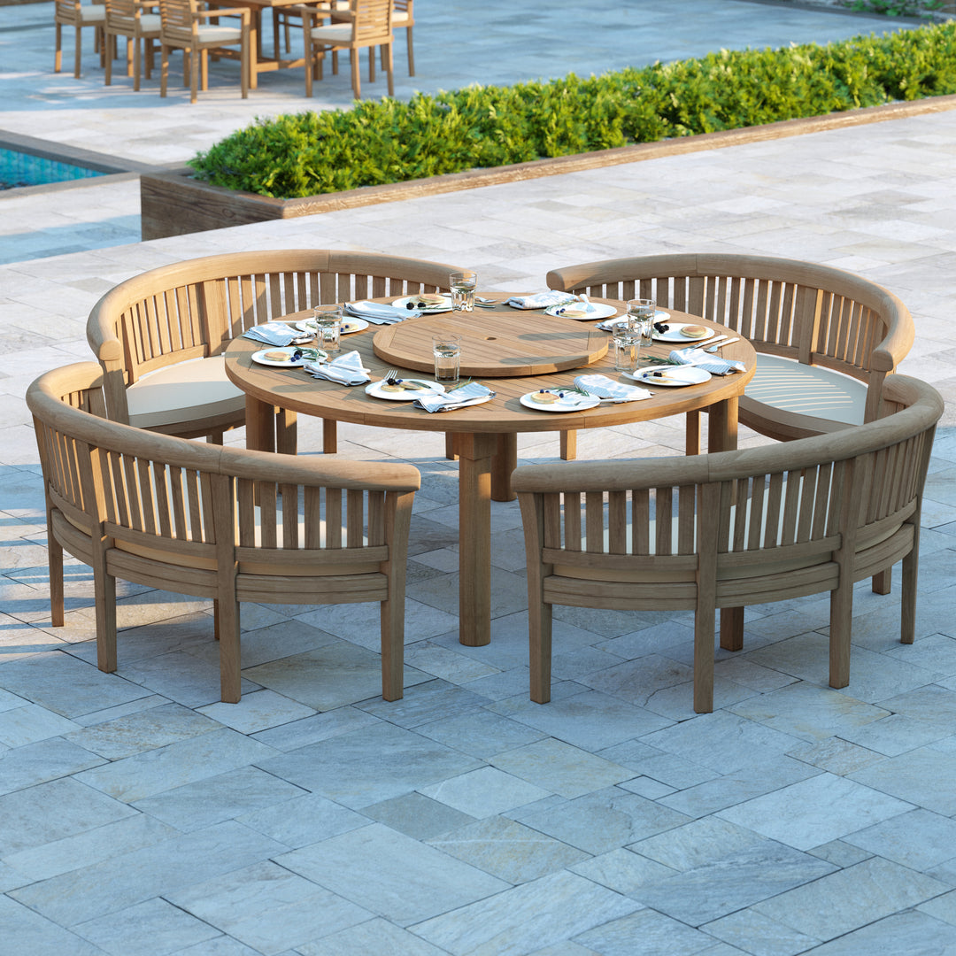 Palamos Teak Set 180cm Maximus Round Table (4 San Francisco Benches Complete Set) Cushions included.