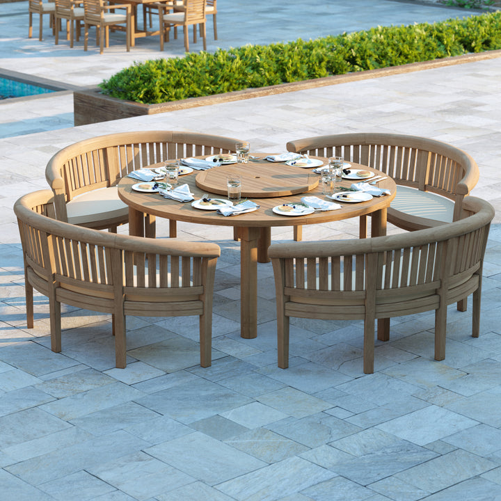 Palamos Teak Set 180cm Maximus Round Table (4 San Francisco Benches Complete Set) Cushions included.