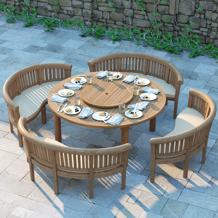 Palamos Teak Set 180cm Maximus Round Table (4 San Francisco Benches Complete Set) Cushions included.