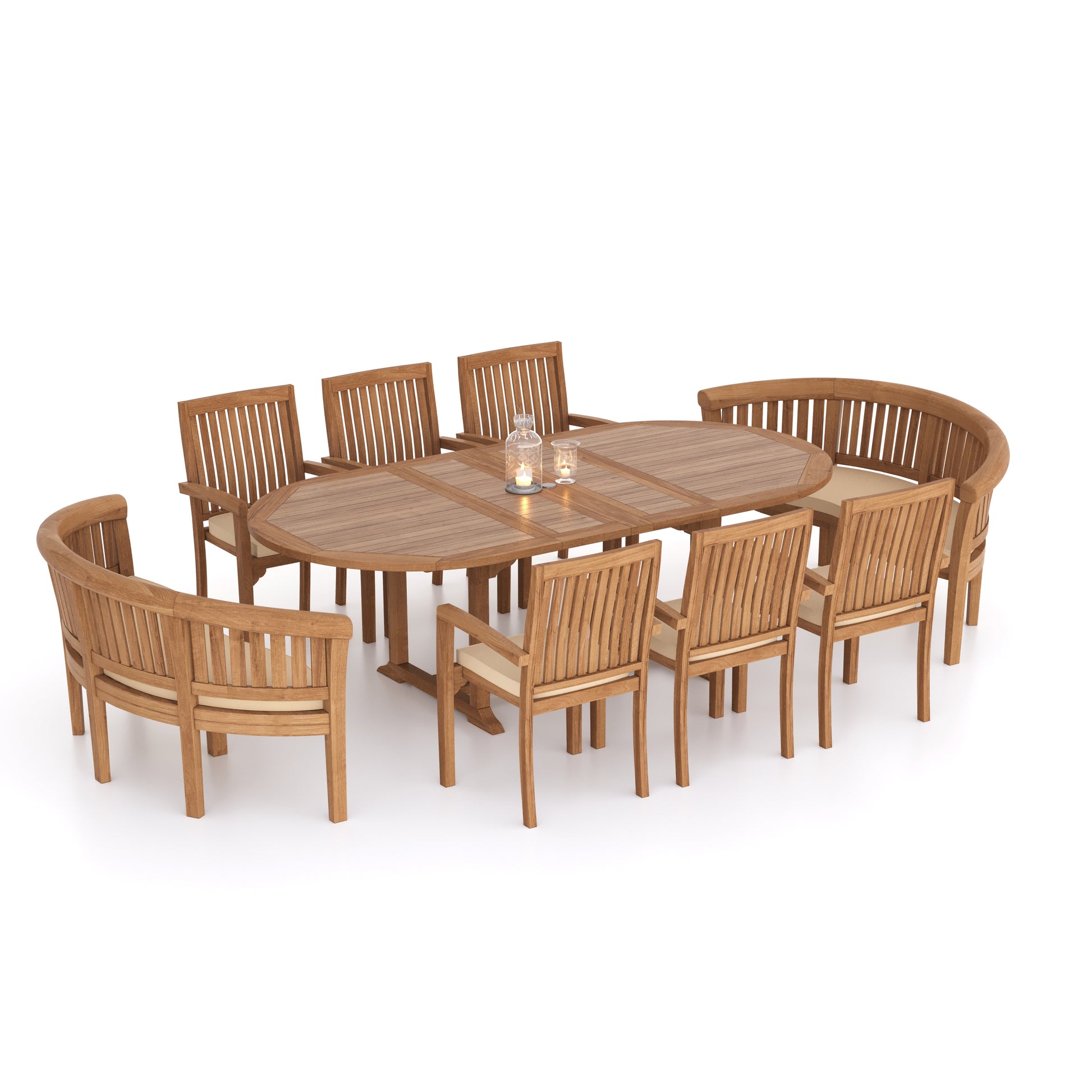 Genoa Teak 180-240cm Oval Extending Table 4cm Top (6 Henley Stacking Chairs, 2 San Francisco Benches) Cushions included.