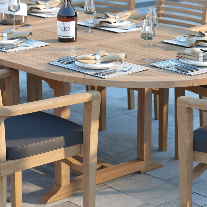 Algarve Teak 2-3m Oval Extending Table 4cm Top (10 Oxford Stacking Chairs) Cushions included.