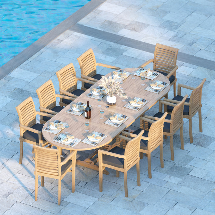 Algarve Teak 2-3m Oval Extending Table 4cm Top (10 Oxford Stacking Chairs) Cushions included.