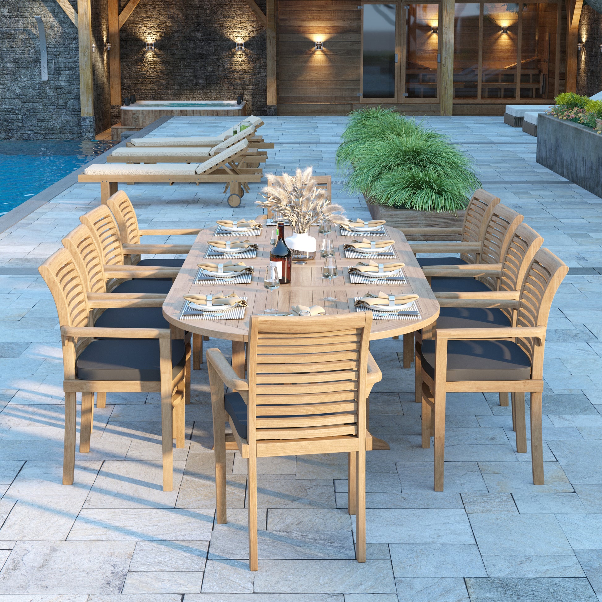 200-300cm extending oval teak table with 10 stacking chairs and cushions