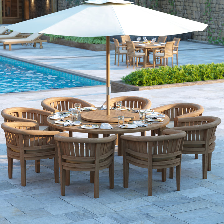 Bordeaux Teak Set 180cm Maximus Round Table 4cm Top (8 San Francisco Chairs) Cushions included.
