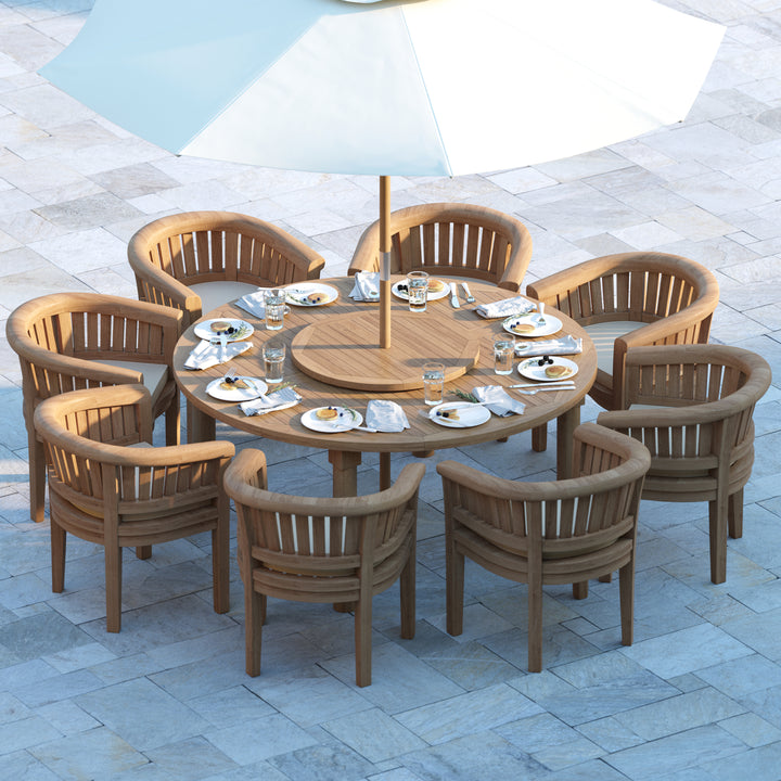 Bordeaux Teak Set 180cm Maximus Round Table 4cm Top (8 San Francisco Chairs) Cushions included.
