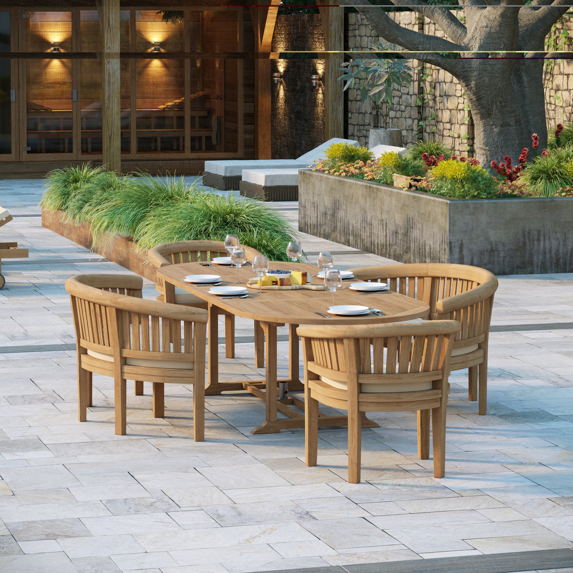 Teak Oval 2-3m Extending Table 4cm Top with 2 San Francisco Chair, 2 San Francisco Bench dining set