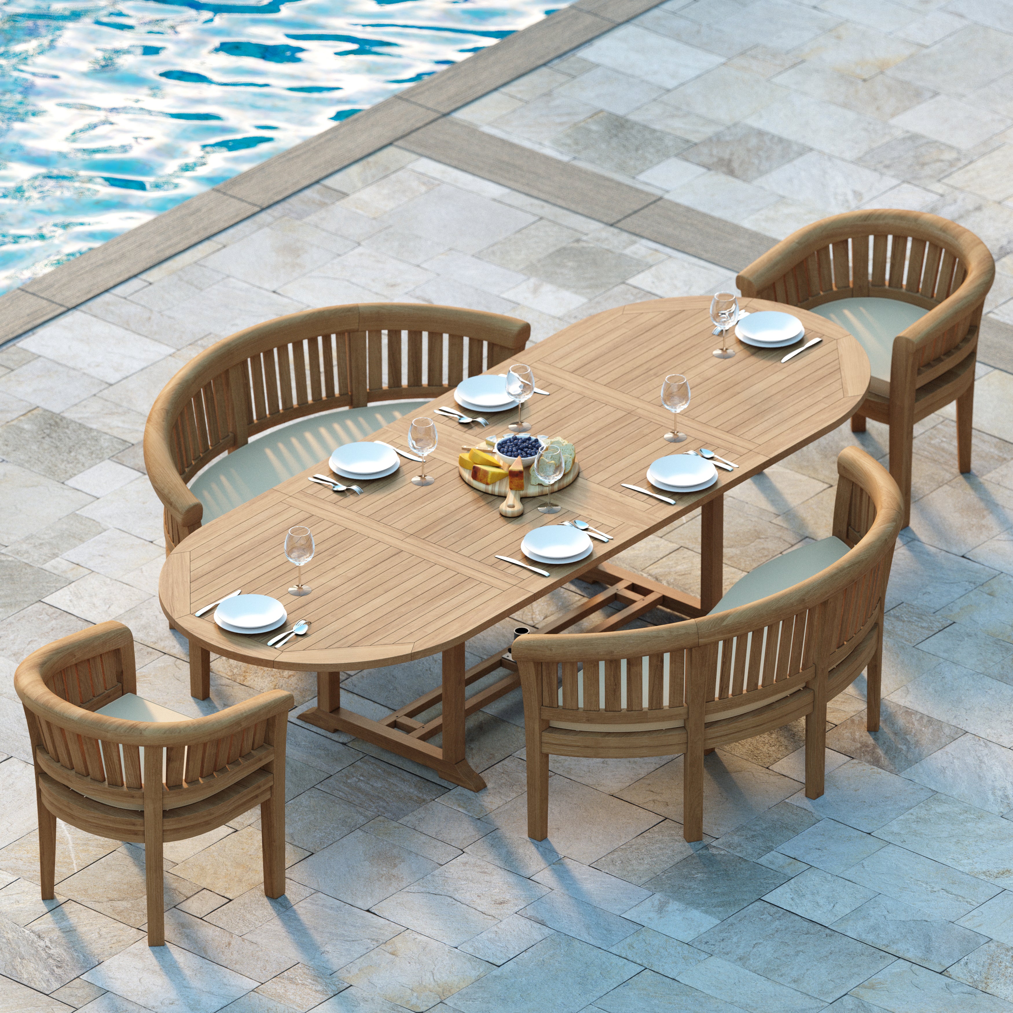 Lisbon Teak Oval 2-3m Extending Table 4cm Top with 2 San Francisco Chair, 2 San Francisco Bench
