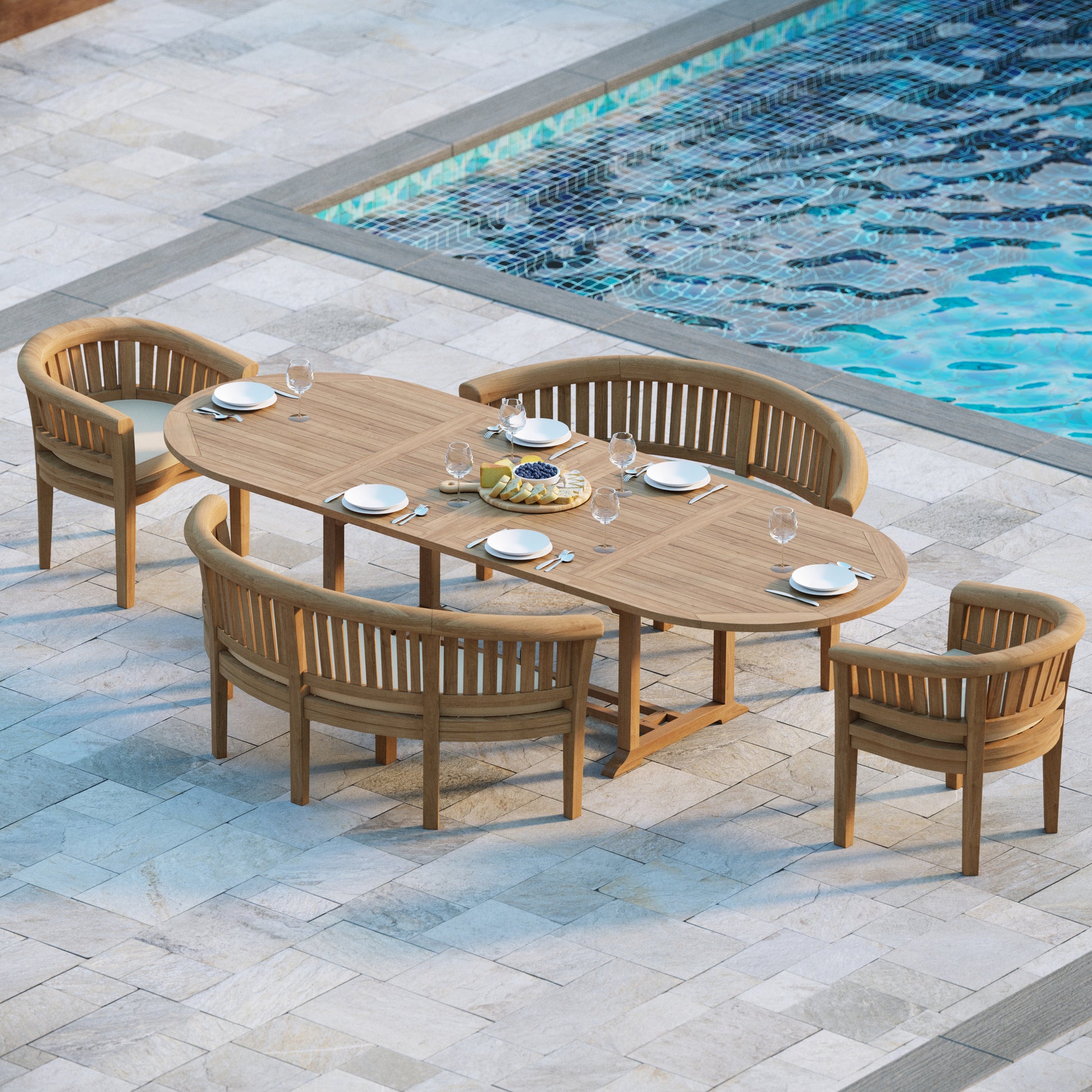 Side view of Lisbon Teak Oval 2-3m Extending Table 4cm Top with 2 San Francisco Chair, 2 San Francisco Bench