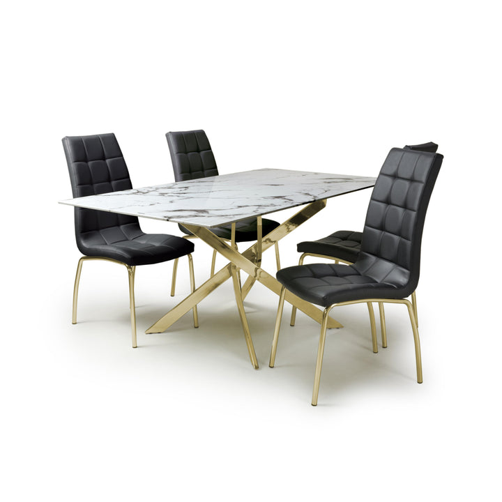 Wisteria Dining 1.6m White Rectangle Table & 4 x Tulip Black Chairs with Gold legs (Set).