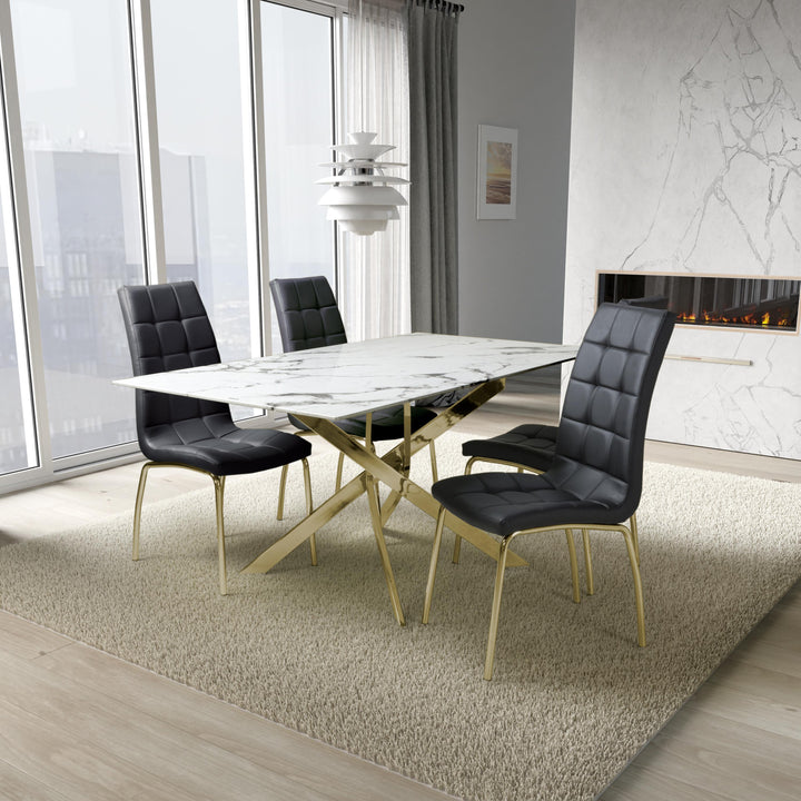 Wisteria Dining 1.6m White Rectangle Table & 4 x Tulip Black Chairs with Gold legs (Set).