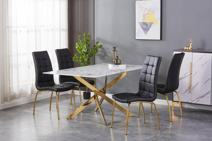 Wisteria Dining 1.6m White Rectangle Table & 4 x Tulip Black Chairs with Gold legs (Set).