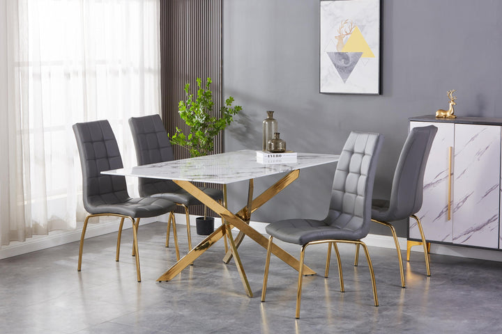 Wisteria 1.6m White Rectangle Table & 4 Tulip Grey Chairs with Gold legs Dining Set