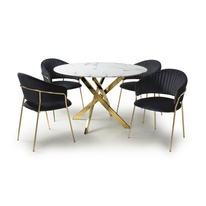 Wisteria Round 1.2m Round White Table & 4 Jama Black Velvet Chairs with Gold legs Dining Set