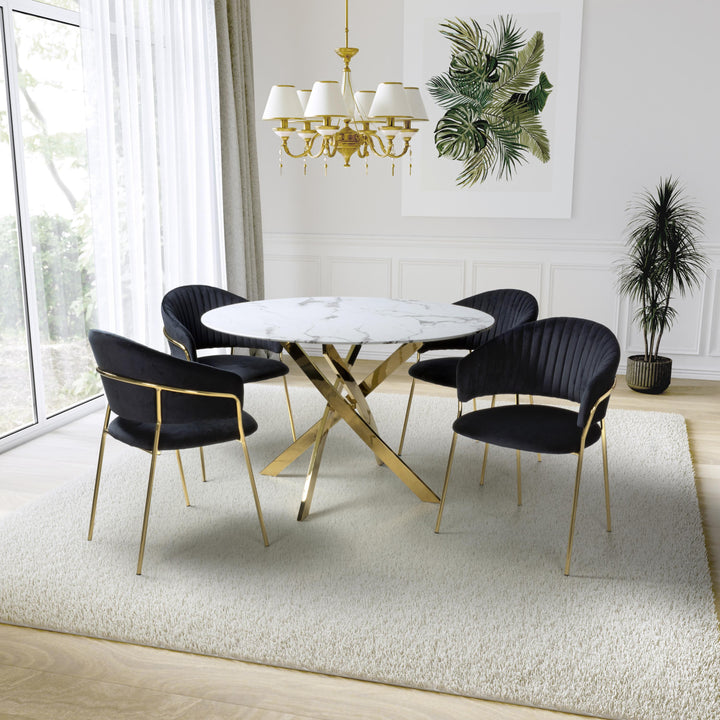 Wisteria Round 1.2m Round White Table & 4 Jama Black Velvet Chairs with Gold legs Dining Set