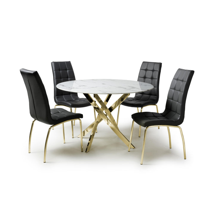 Wisteria 1.2m Round Table White & 4 Tulip Black Chairs with Gold legs Dining Set