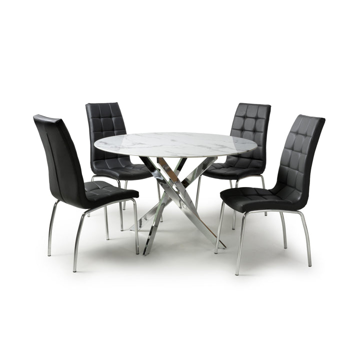 Wisteria 1.2m Round White Table & 4 Tulip Black Chairs with Silver legs Dining Set