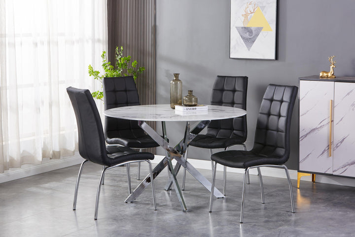 Wisteria 1.2m Round White Table & 4 Tulip Black Chairs with Silver legs Dining Set