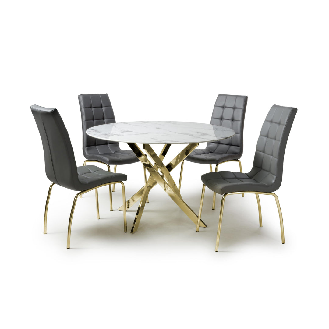 Wisteria 1.2m Round White Table & 4 Tulip Grey Chairs with Gold legs Dining Set