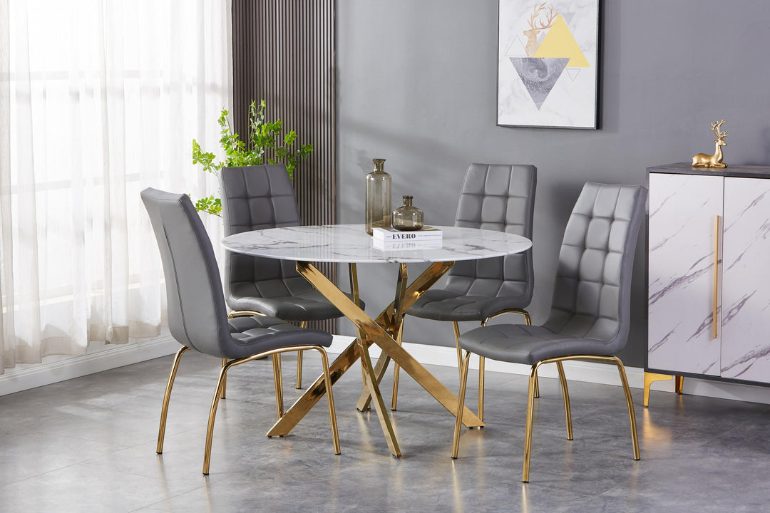 Wisteria 1.2m Round White Table & 4 Tulip Grey Chairs with Gold legs Dining Set