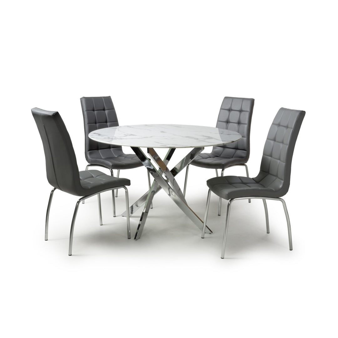 Wisteria 1.2m Round White Table & 4 Tulip Grey Chairs with Silver legs Dining Set