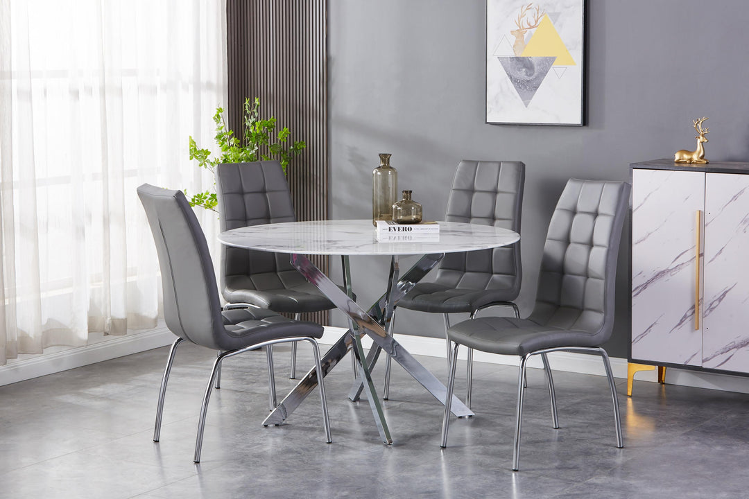 Wisteria 1.2m Round White Table & 4 Tulip Grey Chairs with Silver legs Dining Set