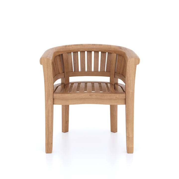 This is Eterna Homes sustainable teak garden furniture outdoor dining chairs, consisting of teak bench and cushion. All of our teak wood is suitable for outdoor dining.