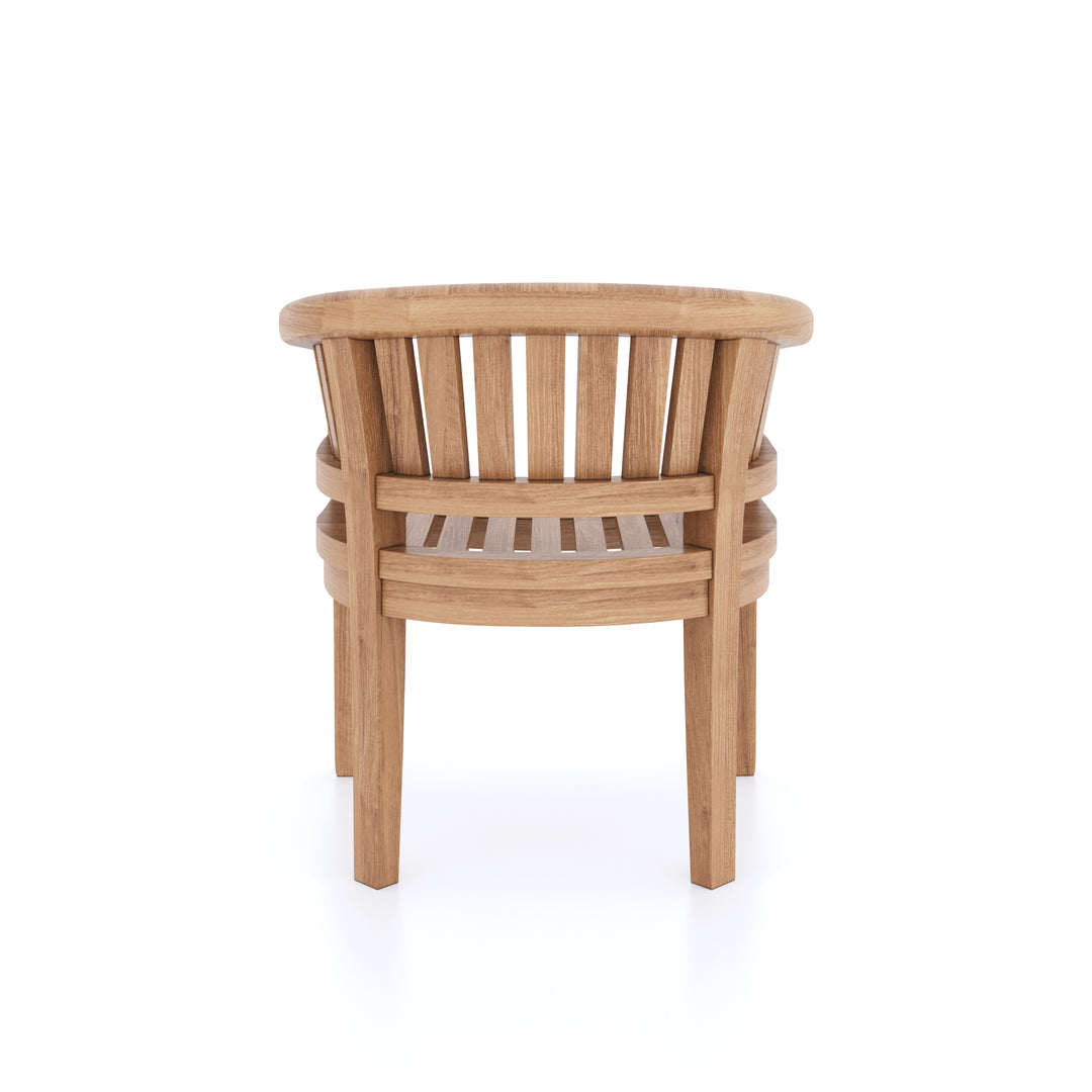 This is Eterna Homes sustainable teak garden furniture outdoor dining chairs, consisting of our robust teak stacking chairs and cushions. All of our teak wood is suitable for outdoor dining.