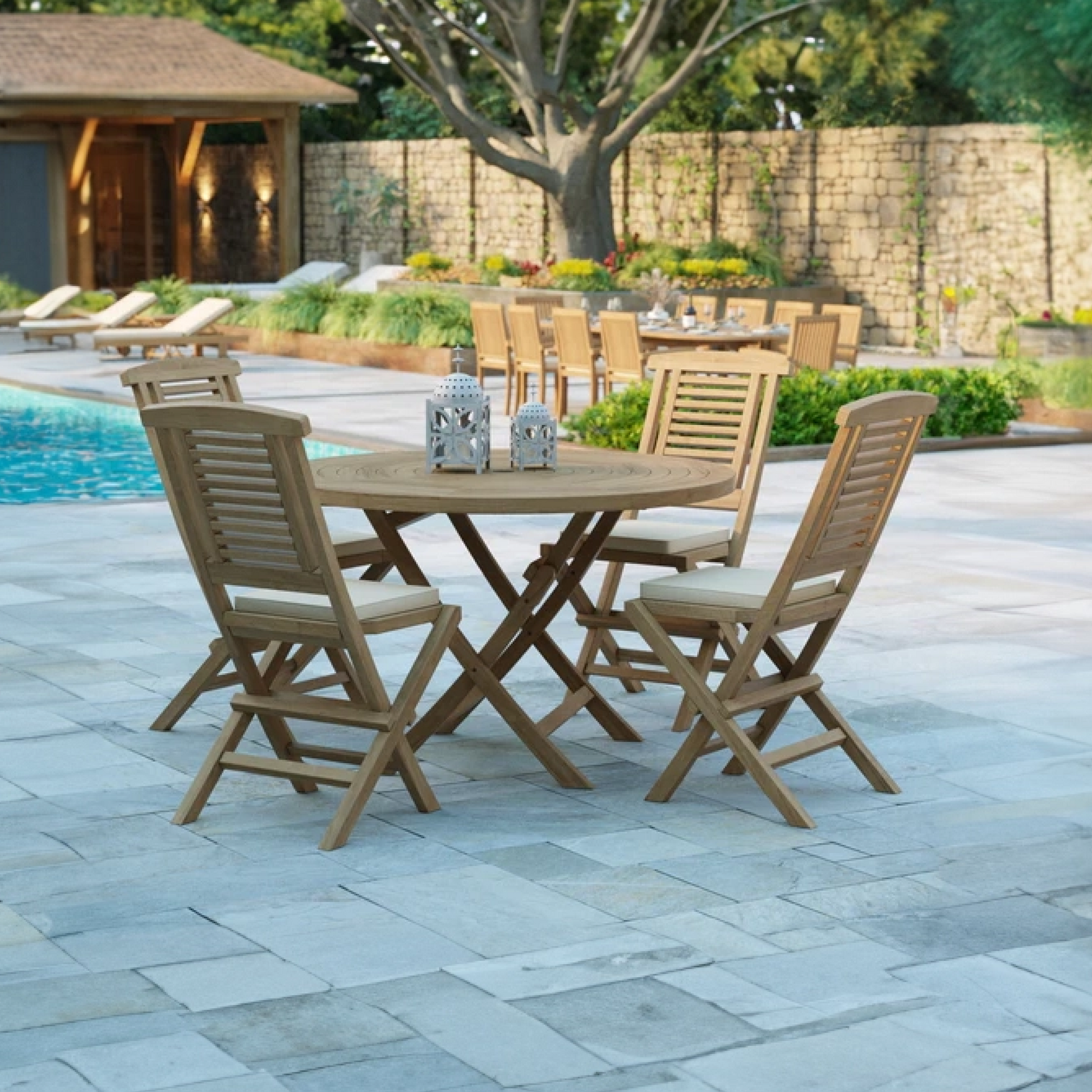 Sora Teak Set 120cm Spiral Folding Table (4 Hampton Folding Chairs) Cushions included.